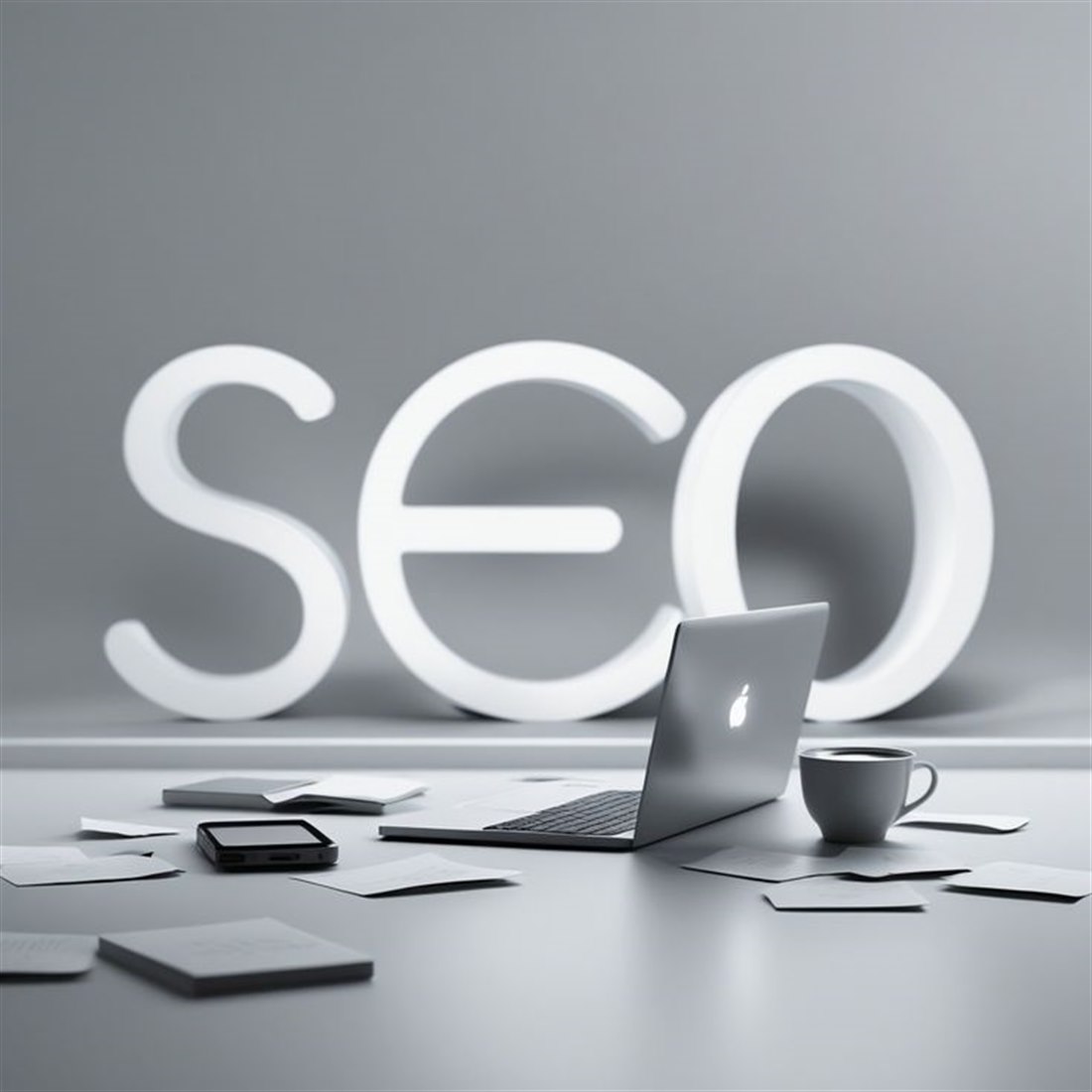 The word SEO rendered in large three-dimensional letters behind a laptop, notes and a cup of coffee